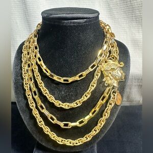 Vtg: Lucien PICCARD Double Strand Polished Gold Toned Figural Runway Necklace